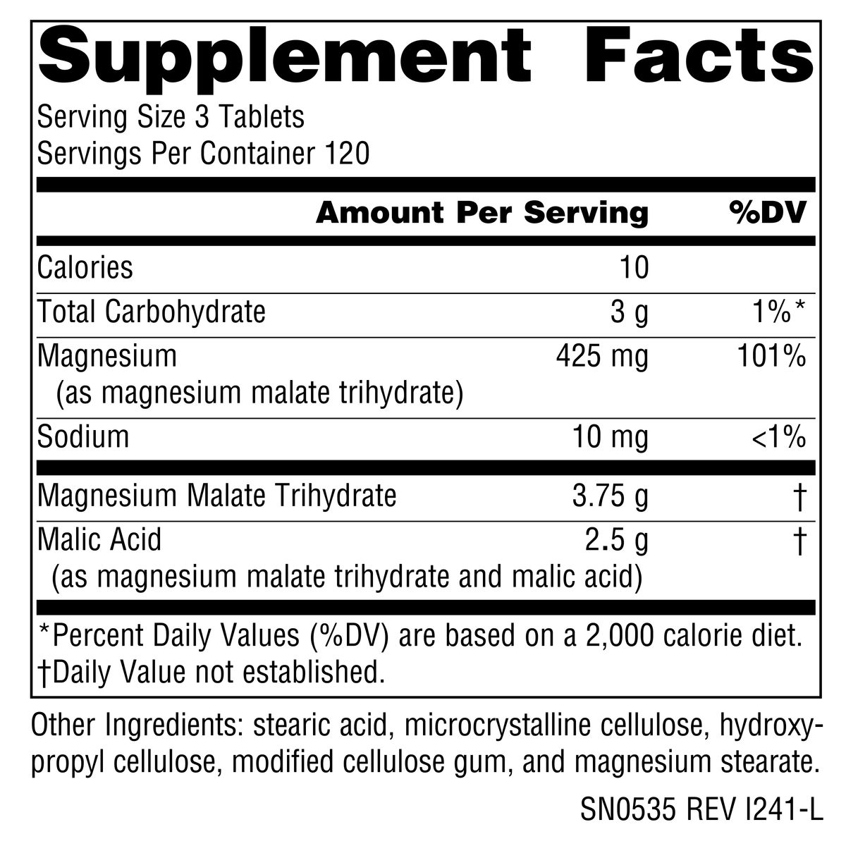 Supplement facts for Magnesium Malate